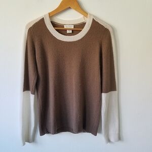 Oats by Debra Hayburn 100% Cashmere Color Block Cream Brown Pull Over Sweater M